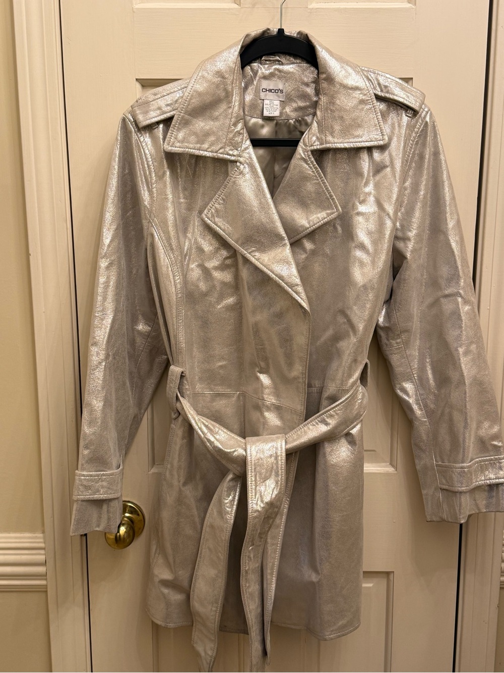 Chico’s Metallic Silver Genuine Leather Trench Coat Size 3